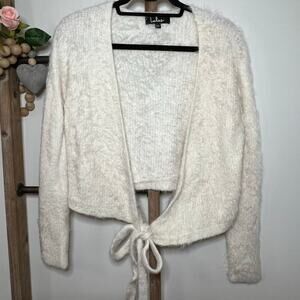 Lulus Long Sleeve Fuzzy Open‎ Tie Front Cardigan White Size X Small